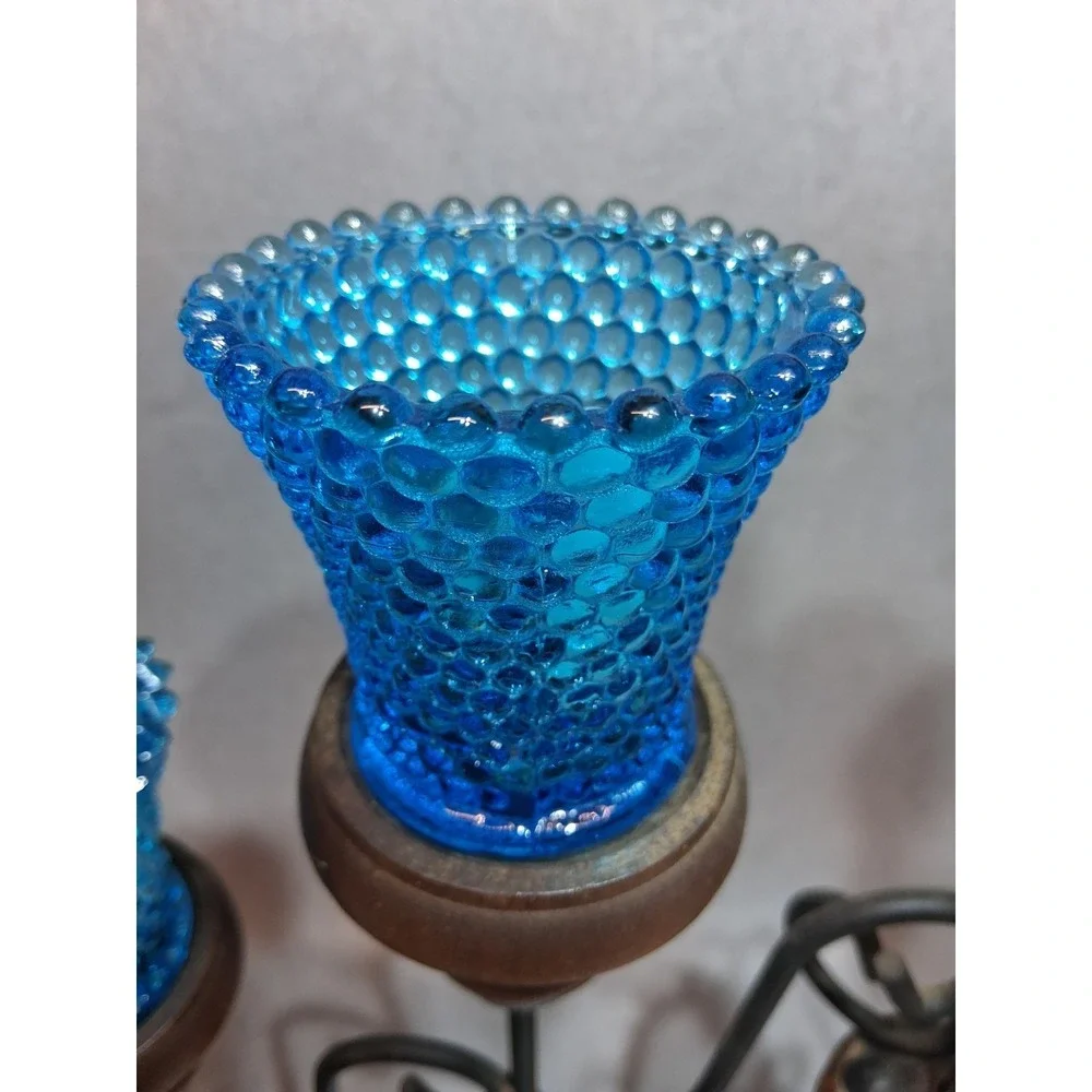 VTG Homco 5 Arm Metal Wood Candelabra With Teal Glass Votive Cups